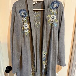 J. Jill Gray Cardigan with Blue Floral Embroidery